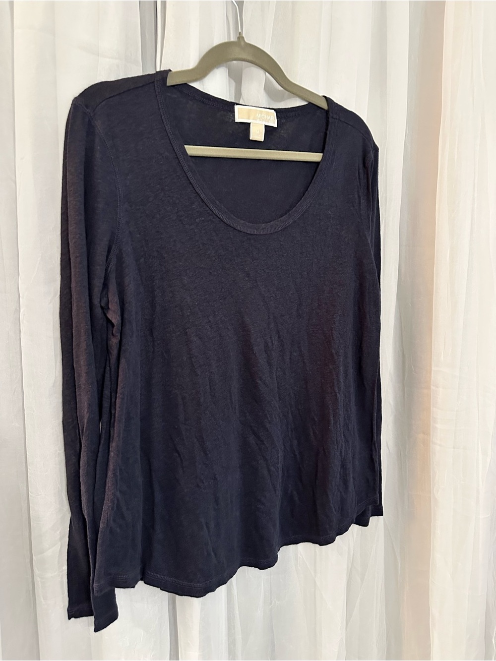 Michael Kors Navy Long-Sleeve Scoop Neck Top with Rounded Bottoms